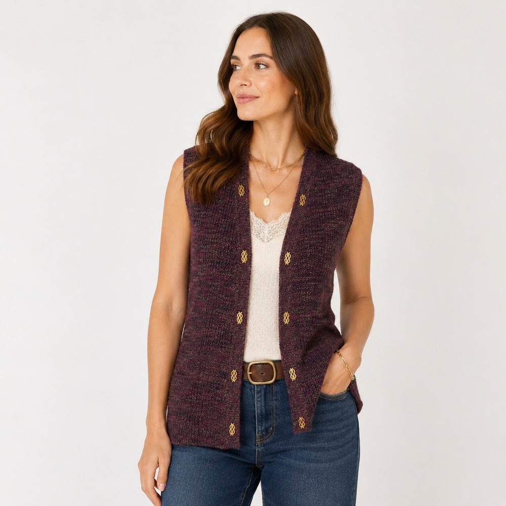 Magdeleine Poncet Vintage 70s French Knit Vest S M Gold Hardware Boho Retro